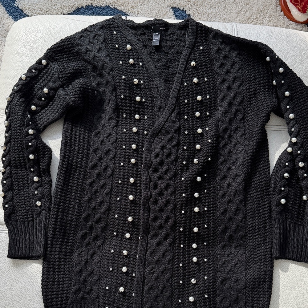 Aqua - Long Black Open Front Sweater with Pearl Details